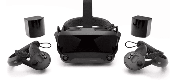 هدست واقعیت مجازی Valve Index به همراه کنترلرهای Knuckles و ایستگاه‌های پایه ردیابی؛ یکی از هدست‌های PC VR برای تجربه بازی‌های واقعیت مجازی با کامپیوتر.